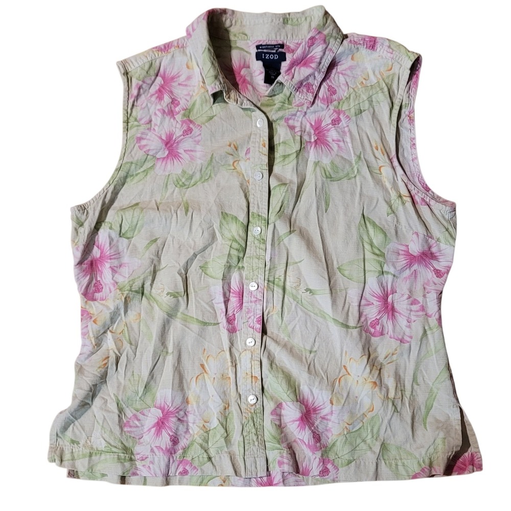 Izod Washable Silk Sleeveless Button Up Floral Tank Top Size 16 Green Tropical